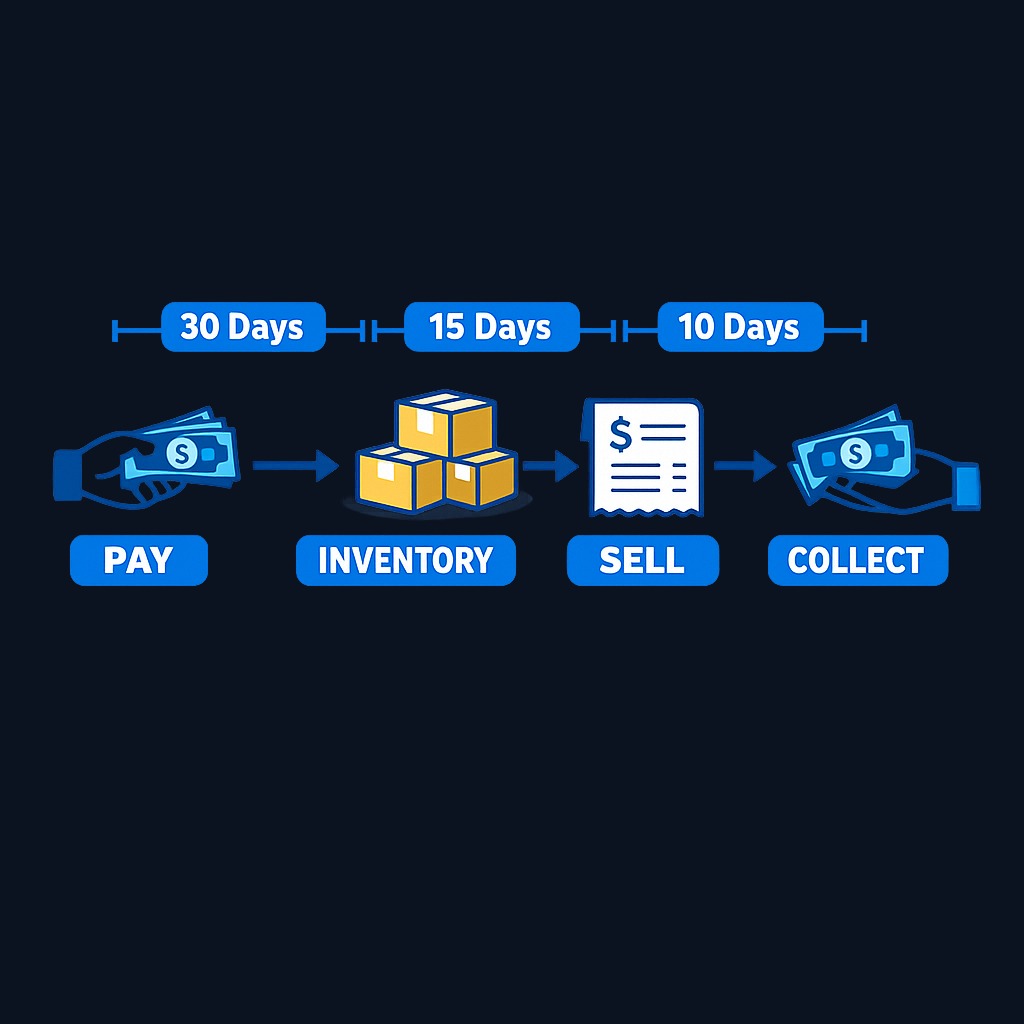 The cash conversion cycle tracks the journey of cash: from paying for inventory, through the sale, to collecting payment. The metric counts how many days cash is locked in operations.