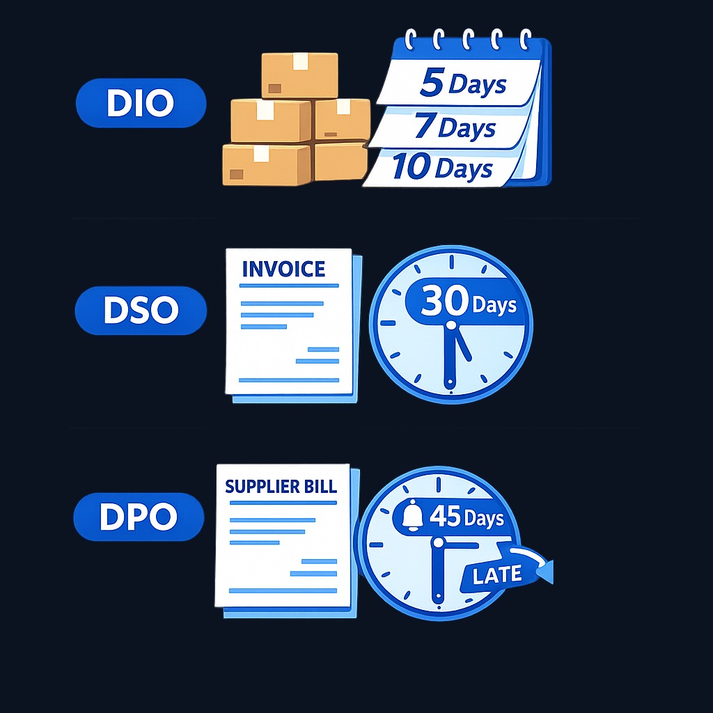 The three components measure different stages: DIO counts days inventory sits unsold, DSO counts days waiting for customer payment, and DPO counts days before paying suppliers.