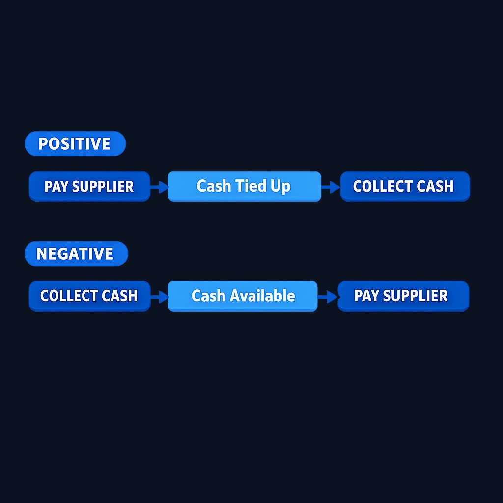 Positive CCC: The company pays suppliers before collecting from customers, tying up cash. Negative CCC: The company collects from customers before paying suppliers, generating float that funds operations.