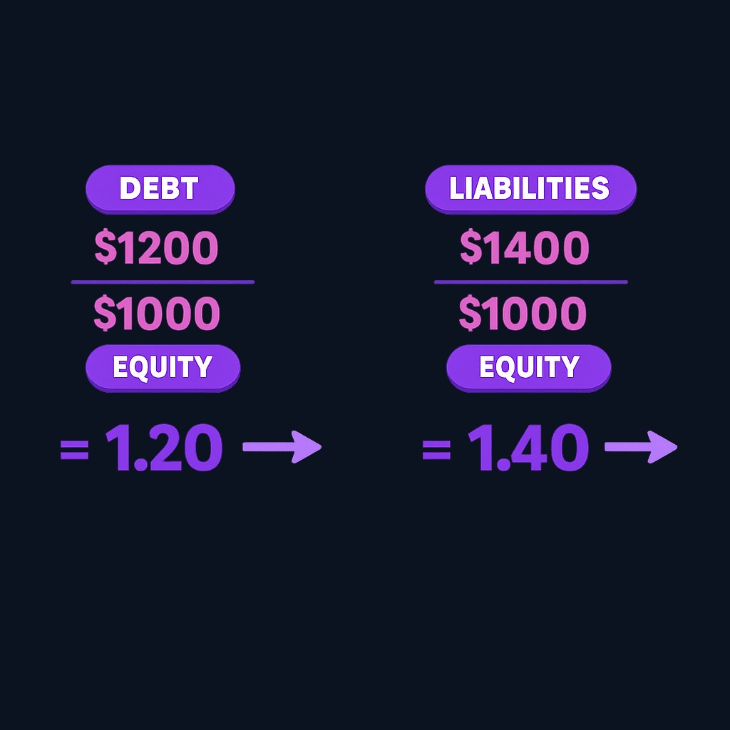 Example: A company with $1,200 in debt and $1,000 in equity has a debt-to-equity ratio of 1.20. With total liabilities of $1,400, its liabilities-to-equity ratio is 1.40.