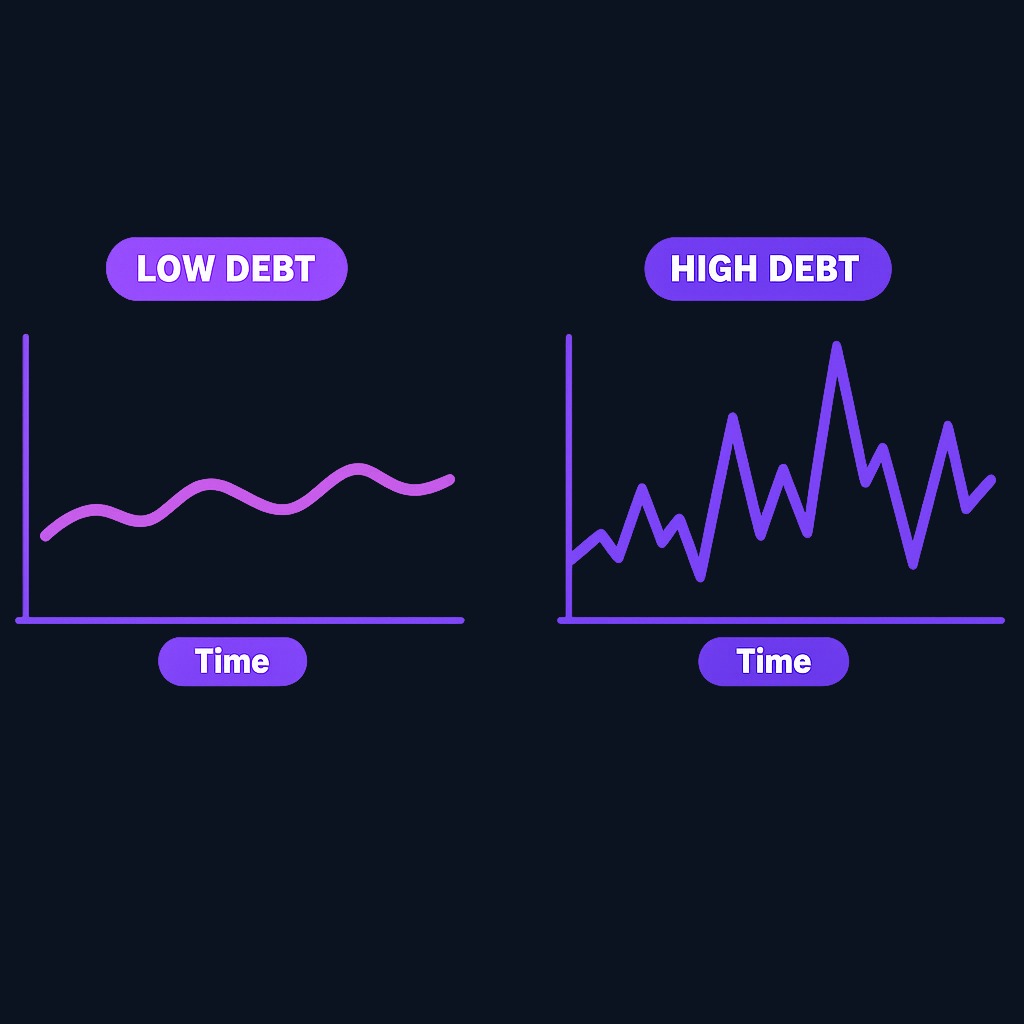 Two companies with identical operations but different leverage deliver different equity returns. Higher debt amplifies both gains in good times and losses in downturns.