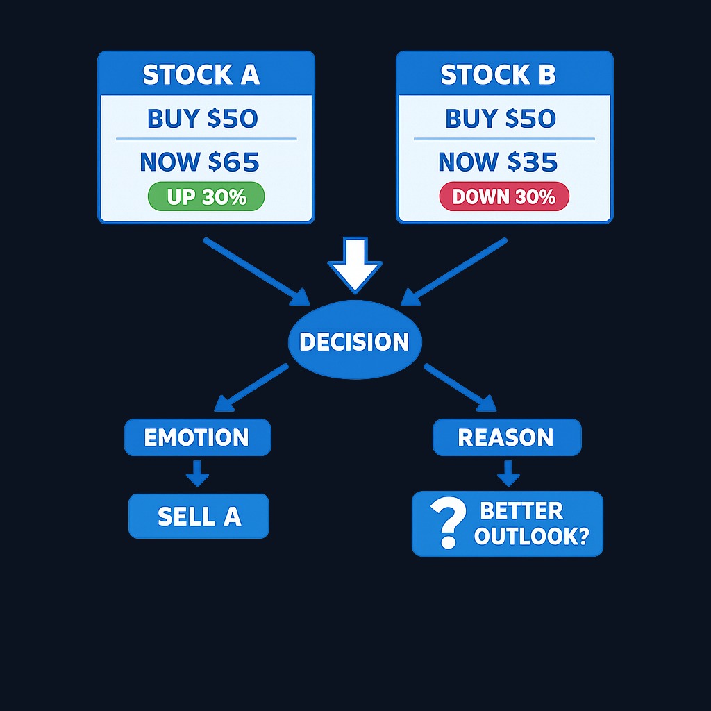 Same portfolio, different decisions: the disposition effect pushes you to sell Stock A (the winner) to feel good, while rational analysis asks which asset has better prospects from here, independent of entry price.