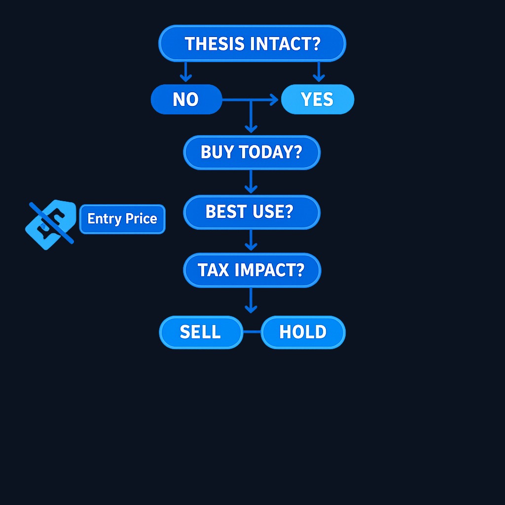 A rational sell framework moves through thesis, valuation, alternatives, and taxes—never asking 'am I up or down on this trade?' until the very end, and only for tax planning.
