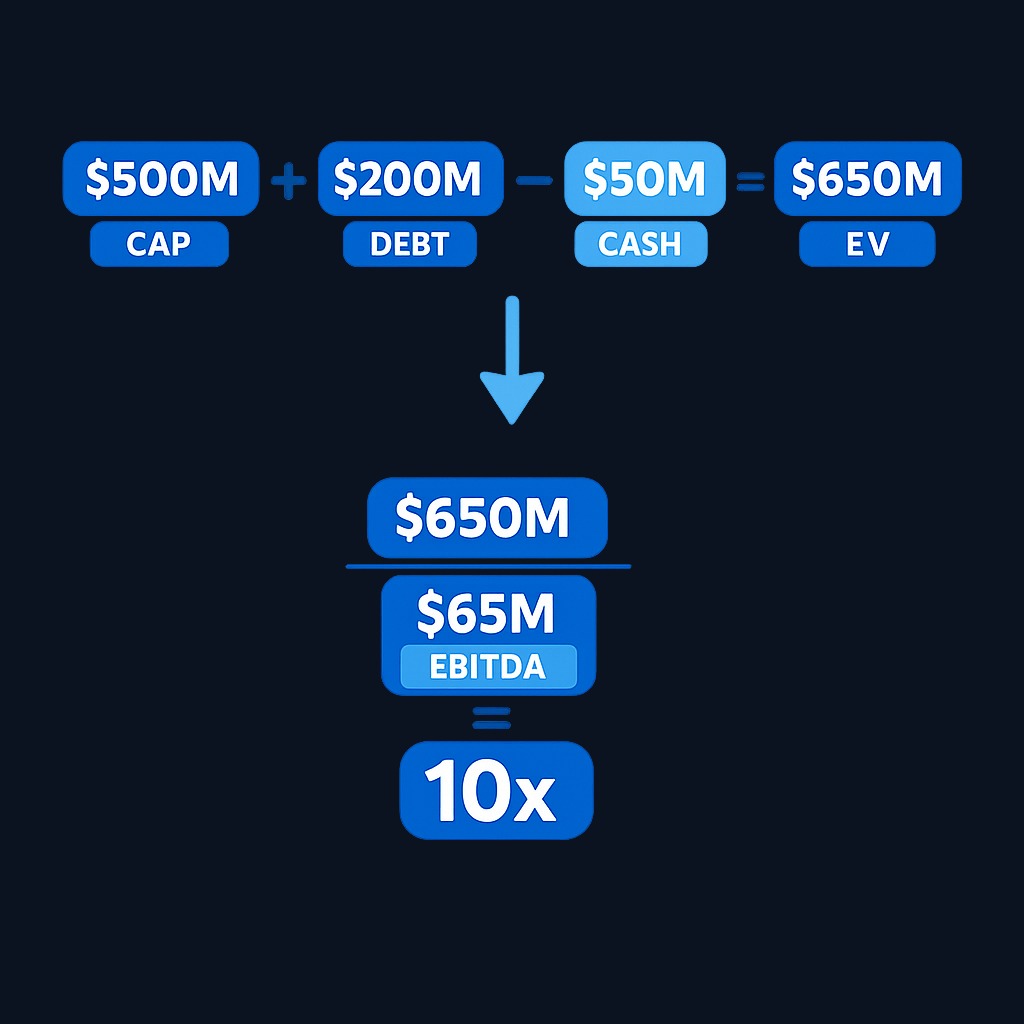 Example: A company with $500M market cap, $200M debt, and $50M cash has an enterprise value of $650M. With $65M EBITDA, the ratio equals 10x.
