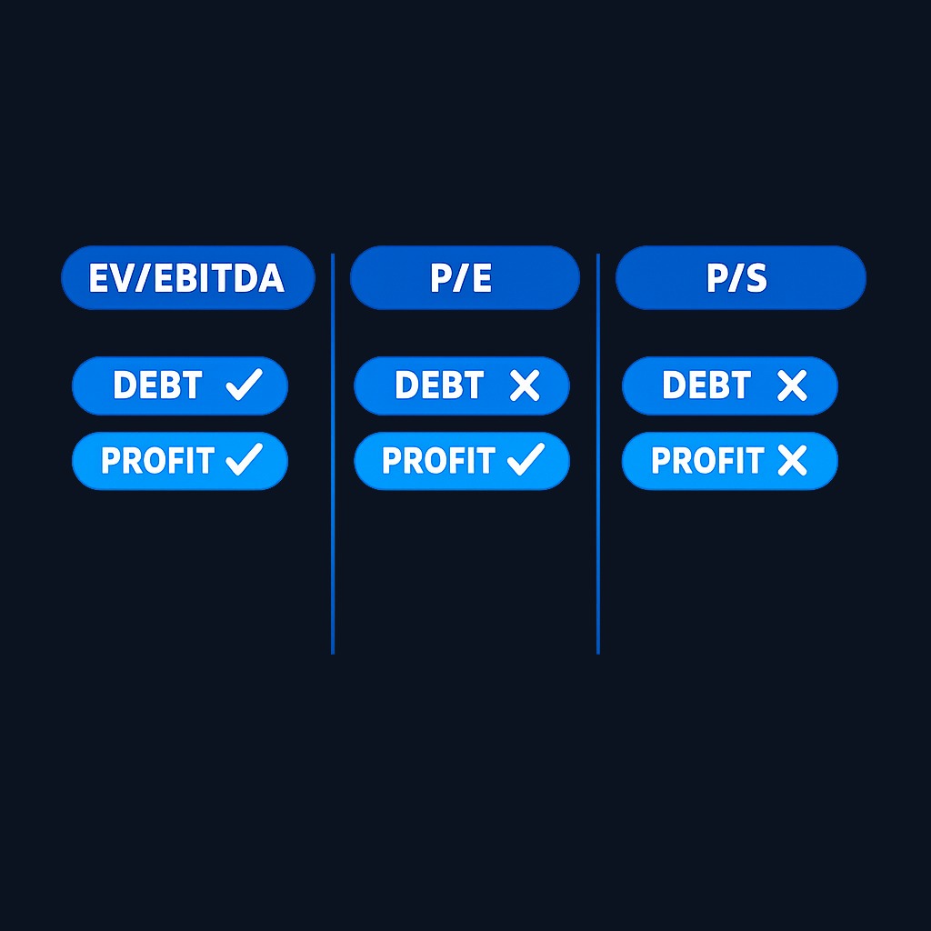 Different valuation metrics measure different aspects: EV/EBITDA looks at total business value against operating earnings, while P/E focuses only on equity returns and price-to-sales ignores profitability entirely.