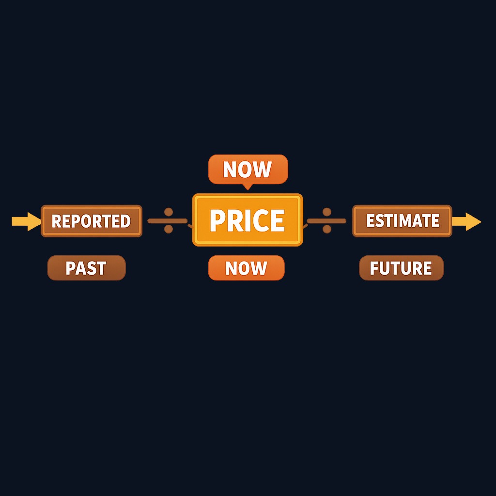 Forward P/E uses estimated future earnings (ahead on the timeline) while trailing P/E uses reported past earnings (behind on the timeline).