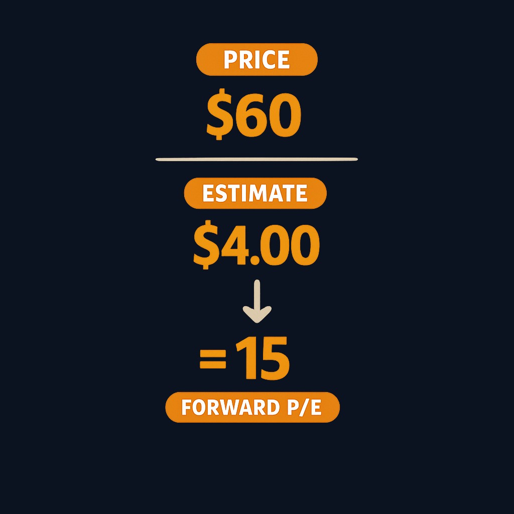 The calculation takes the current market price of $60 and divides it by the consensus estimate of $4.00 in future earnings per share, yielding a forward P/E of 15. This tells you the stock trades at 15 times its expected next-year earnings.