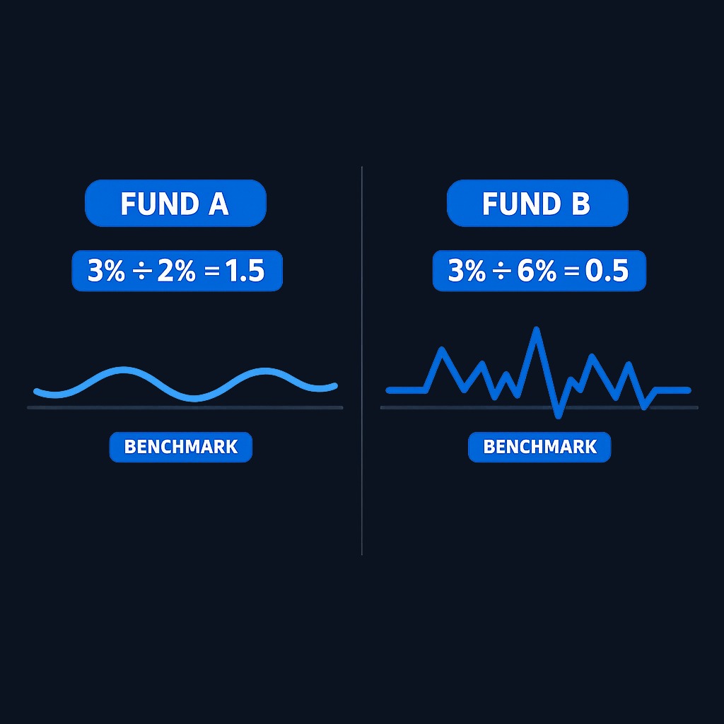 Two funds both beat their benchmark by 3%, but Fund A achieves this with 2% tracking error (IR = 1.5) while Fund B has 6% tracking error (IR = 0.5). Fund A's deviations are steadier, making its outperformance more reliable and valuable to investors.