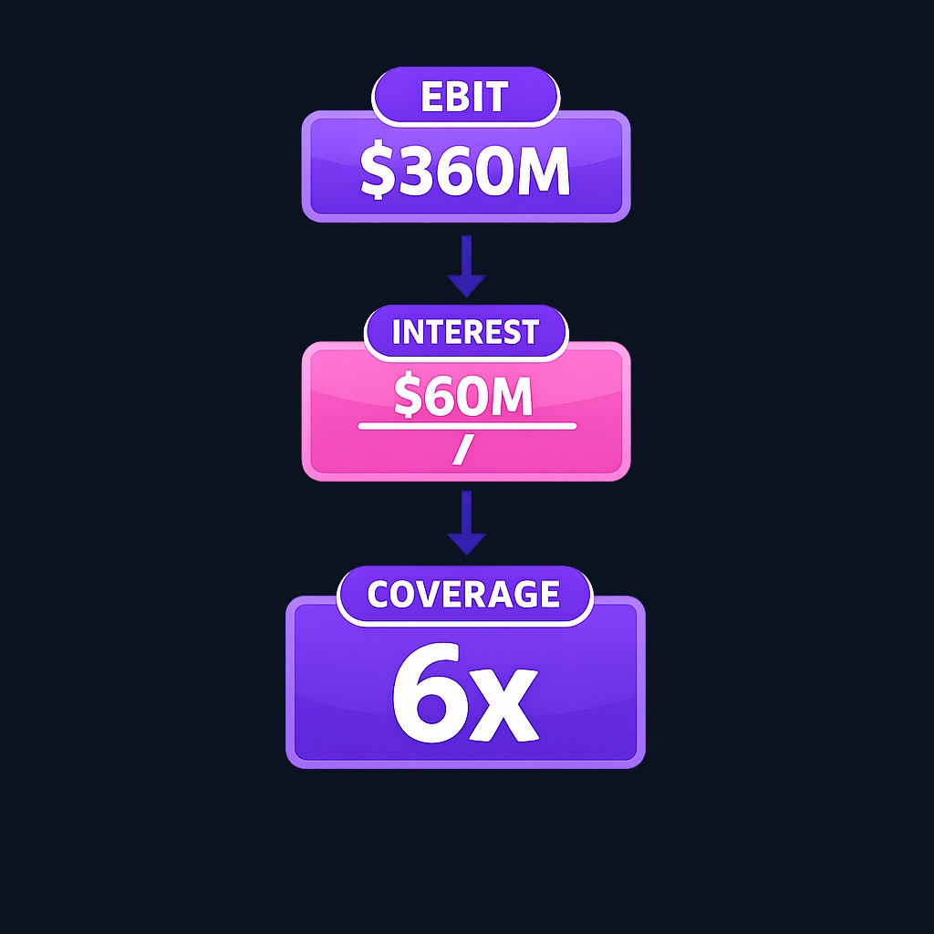 When a company earns $360 million EBIT and pays $60 million in interest, the coverage ratio is 6. The operating profit could pay the interest bill six times over, providing a comfortable safety margin.