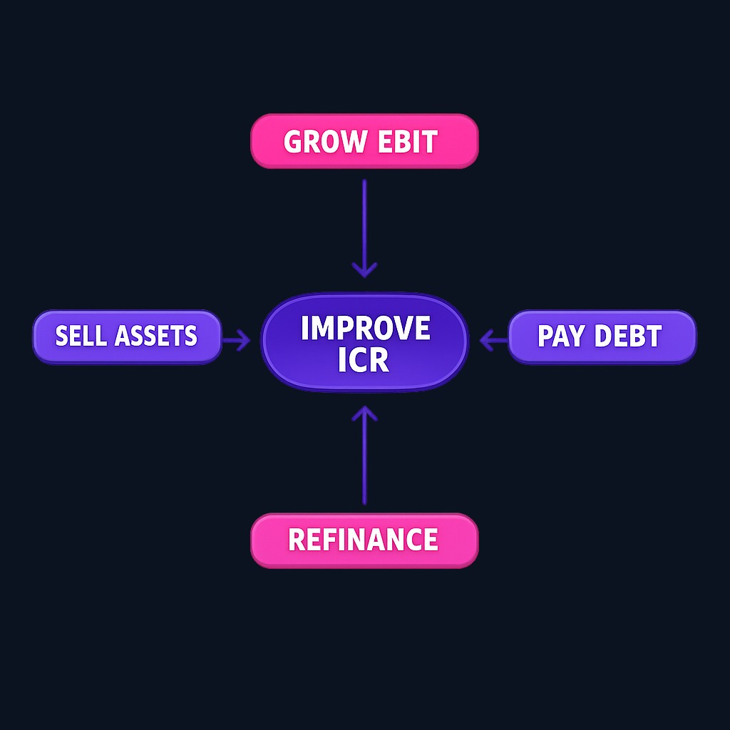 Companies can strengthen their interest coverage ratio through four main levers: growing operating earnings (expanding EBIT), paying down debt principal (reducing future interest), refinancing at lower rates (cutting interest costs), or selling assets to fund debt reduction. The