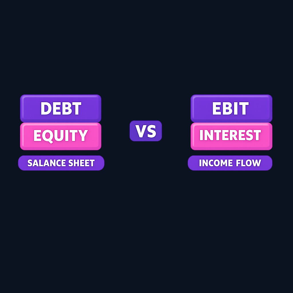 Debt-to-equity (balance sheet) shows how much a company has borrowed relative to shareholder capital—a static snapshot. Interest coverage ratio (income statement) shows whether earnings can service that debt—a dynamic flow measure. Together, they reveal both the