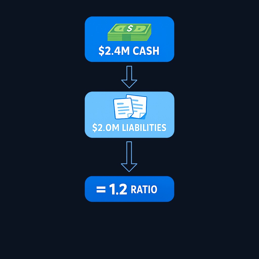 Example: A company generates $2,400,000 in operating cash flow for the year. Current liabilities averaged $2,000,000 (from $1,800,000 at year start to $2,200,000 at year end). Dividing $2,400,000 by $2,000,000 yields a ratio of 1.2.