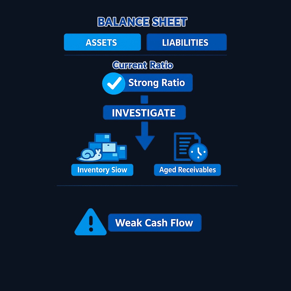 When balance-sheet ratios look healthy but the operating cash flow ratio is weak, the gap often signals that inventory or receivables are inflated on paper but not converting to real cash.