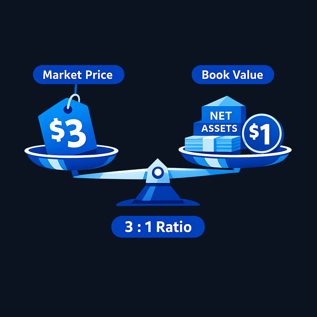 The price to book ratio compares what investors pay (market price) to what the company owns minus what it owes (book value). A P/B of 3