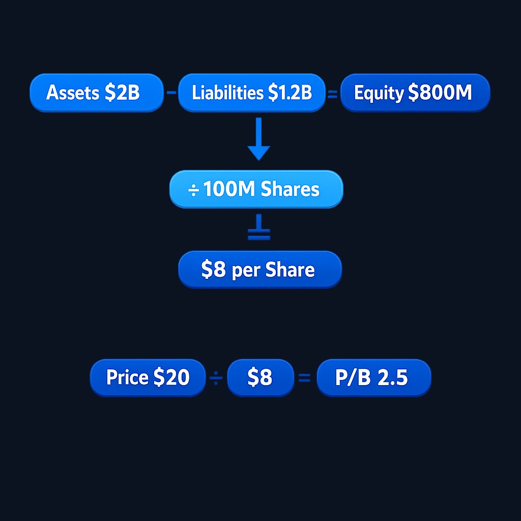 In this example, shareholders' equity of $800 million divided by 100 million shares gives $8 book value per share. At a $20 stock price, the
