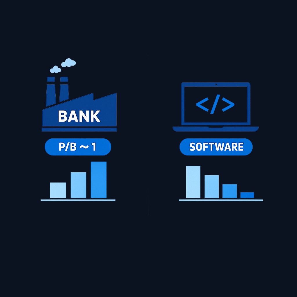 Asset-heavy businesses like banks and manufacturers record most of their value on the balance sheet, leading to P/B ratios near 1. Asset- light companies like software firms carry intangible assets that accounting rules largely ignore, resulting in much higher ratios even when fairly valued.