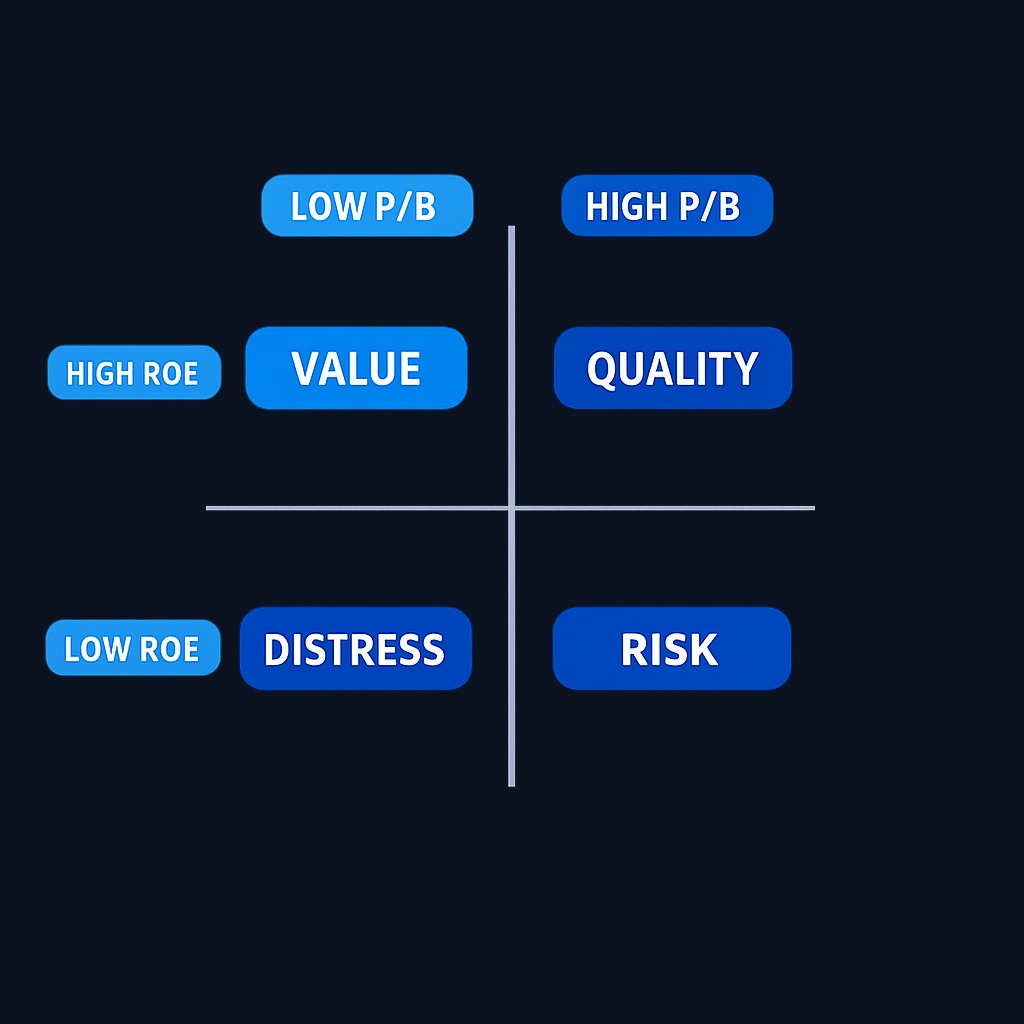A company earning strong returns on equity justifies a higher P/B multiple than one generating weak returns from the same asset base.