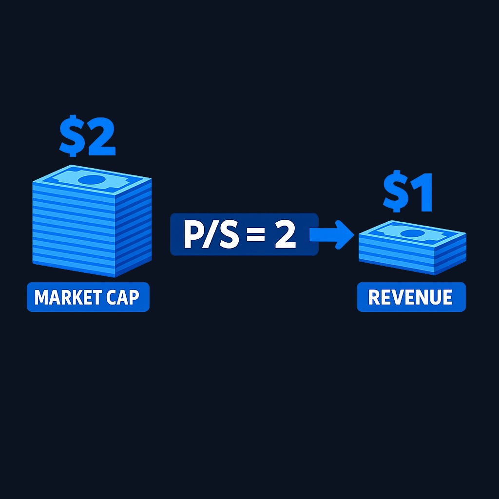 The price to sales ratio in action: when P/S equals 2, the market values the company at twice its annual revenue. This visual shows the