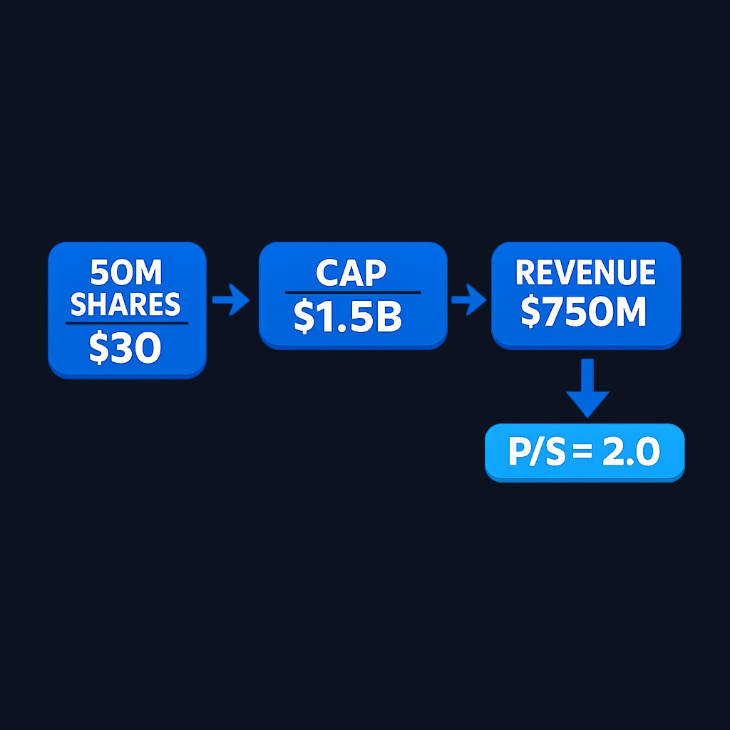 Step-by-step: 50 million shares at $30 each creates a $1.5 billion market cap. Divide by $750 million in revenue to get a P/S ratio of 2.0. This