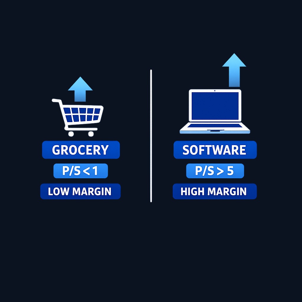 Industry matters: a grocery chain with thin margins justifies a P/S below 1, while a high-margin software company can sustain multiples of 5 or higher. The same ratio means different things depending on how much of each revenue dollar becomes profit.