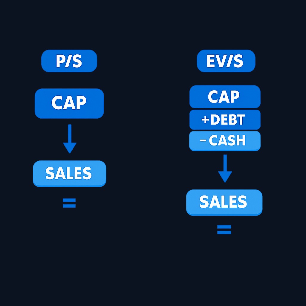P/S uses only market capitalization, while EV/Sales adjusts for debt and cash to give a capital-structure-neutral view. When comparing companies with different leverage, EV/Sales provides a fairer baseline than plain P/S.