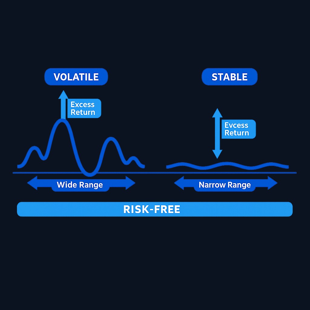 The Sharpe ratio compares excess return (the green area above the risk-free baseline) against volatility (the width of the fluctuation band). A tighter band for the same upward distance means a better ratio.