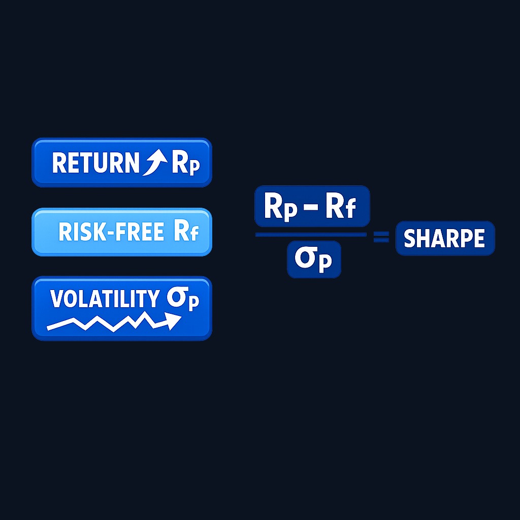 The three inputs to the Sharpe ratio formula: portfolio return (what you earned), risk-free rate (the safe alternative), and standard deviation (how bumpy the ride was). All must use the same time period.