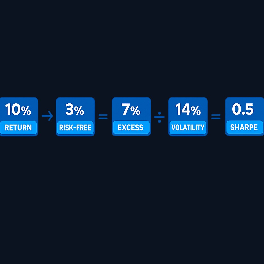 Step-by-step calculation: Portfolio returned 10%, risk-free rate was 3%, so excess return is 7%. With volatility of 14%, the Sharpe ratio is 7 ÷ 14 = 0.5.