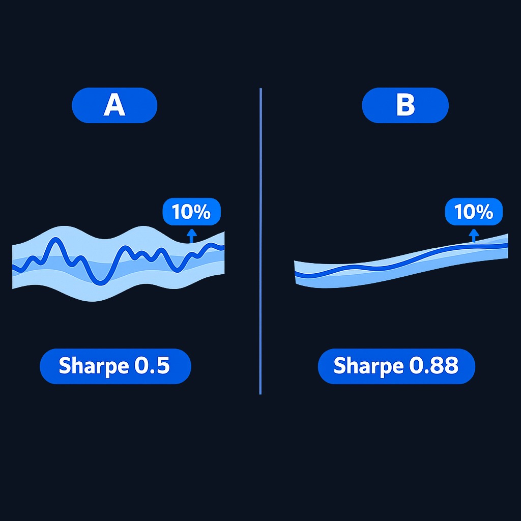 Two portfolios with identical 10% returns: Portfolio A has 14% volatility (Sharpe = 0.5), while Portfolio B has only 8% volatility (Sharpe = 0.88). Portfolio B delivered the same gain with a smoother ride, making it the better risk-adjusted choice.