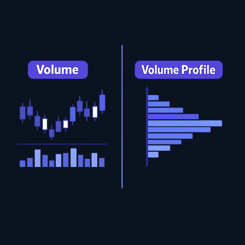 Standard volume bars (bottom) show activity over time. Volume profile (right side) shows the same data stacked by price level, revealing where the most trading occurred.