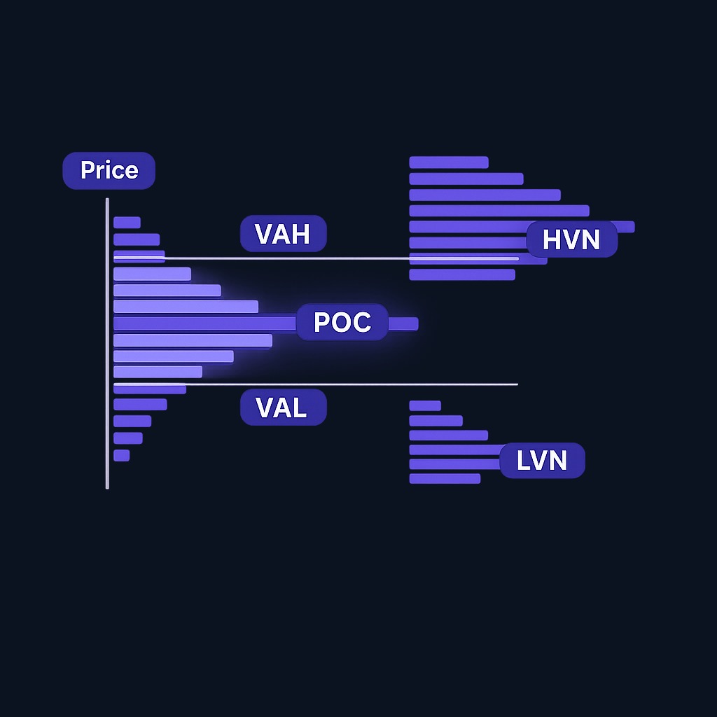 The anatomy of a volume profile: POC marks the highest-volume price, VAH and VAL bracket 70% of volume, HVNs show clustering, and LVNs show gaps where little traded.
