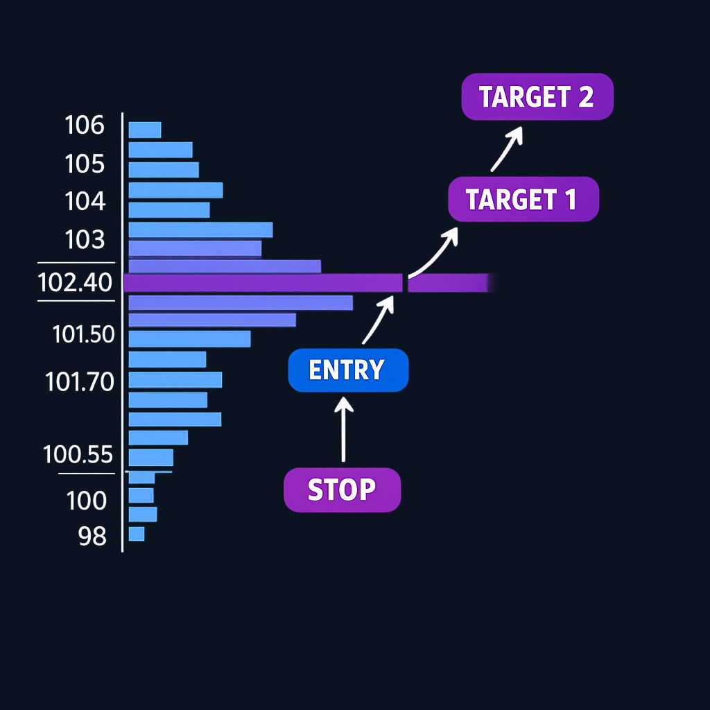A three-week profile from $98–$106. POC sits at $102.40, value area spans $100.80–$103.90. Entry near $101.70 targets the VAH and a level above the thin LVN zone, with stop below the HVN support.