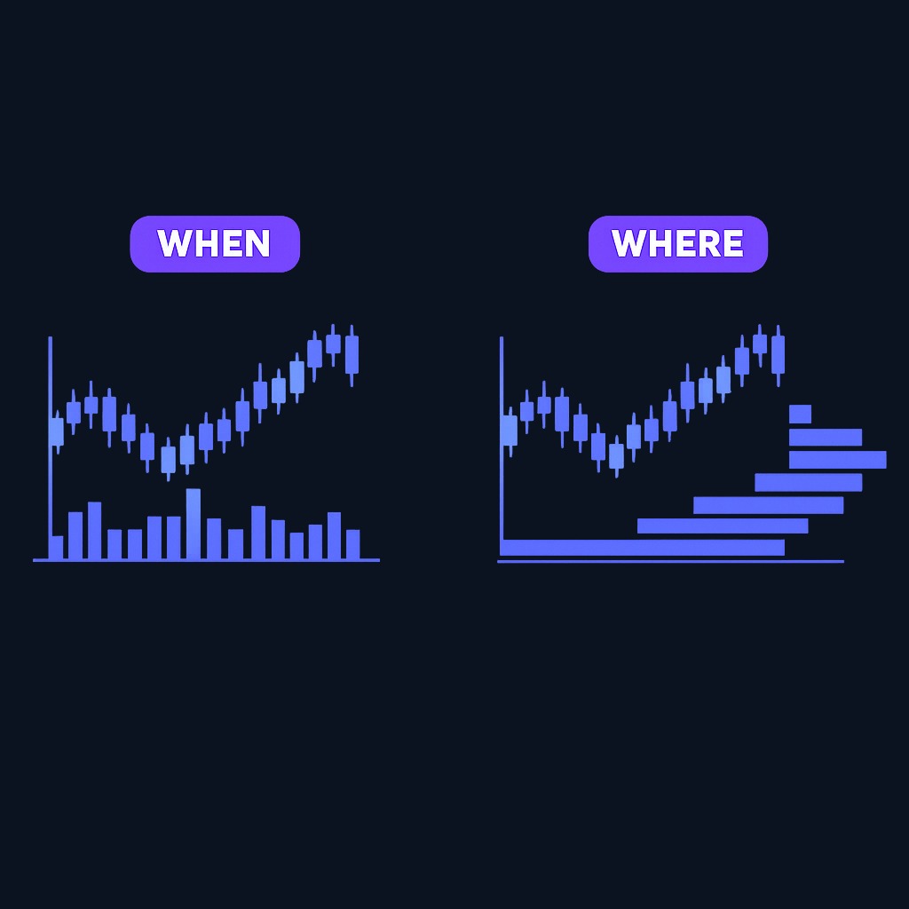 Regular volume tells you when activity happened; volume profile tells you where it happened. Both use the same data, organized differently.