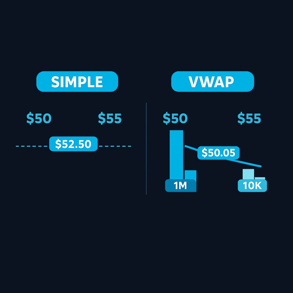 VWAP gives more weight to prices where heavy volume traded. In this example, most shares changed hands at $50, so VWAP sits closer to $50 than to $55, even though both prices occurred.
