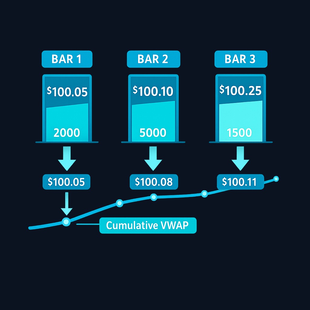 Three-bar VWAP calculation example. Bar 2's heavy volume (5,000 shares) pulls the cumulative average toward $100.10, even though bar 3 traded at a higher price. Each bar's contribution = typical price × volume.