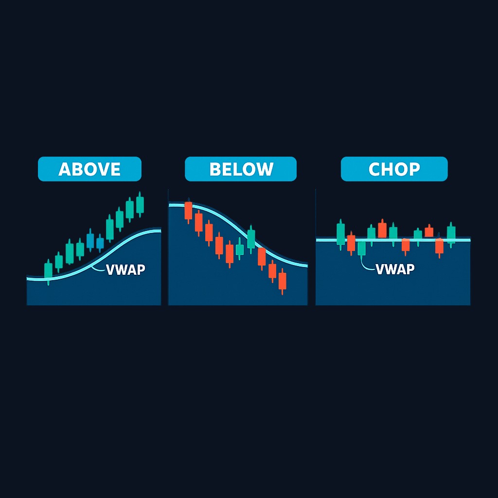 Three common VWAP scenarios: Price above VWAP often finds support at the line during pullbacks. Price below VWAP faces resistance at the line during rallies. Price chopping across VWAP signals indecision and weaker edge.