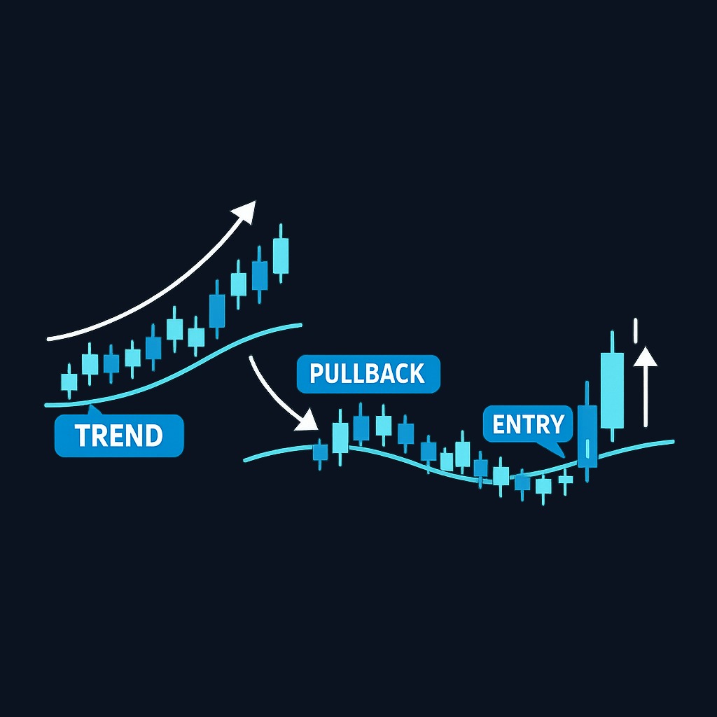 Pullback entry strategy: price trends above VWAP (step 1), retraces to touch the line (step 2), then reverses with strong candle (step 3 — entry signal). The trader buys near session fair value instead of chasing the high.