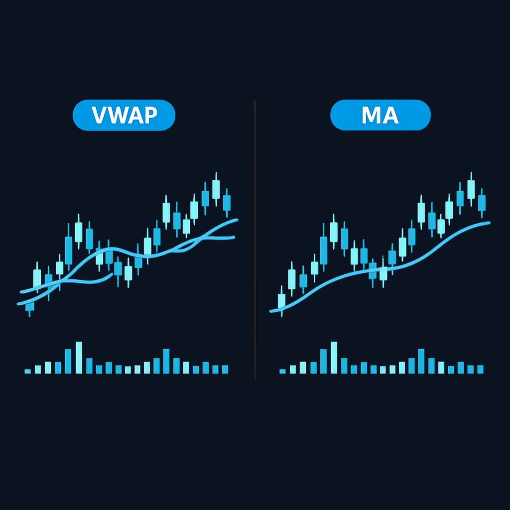 VWAP versus moving average: VWAP (left) weights by volume and resets daily, reflecting where money actually traded. A moving average (right) smooths price over a fixed window regardless of volume. For intraday trading, VWAP captures session reality better.