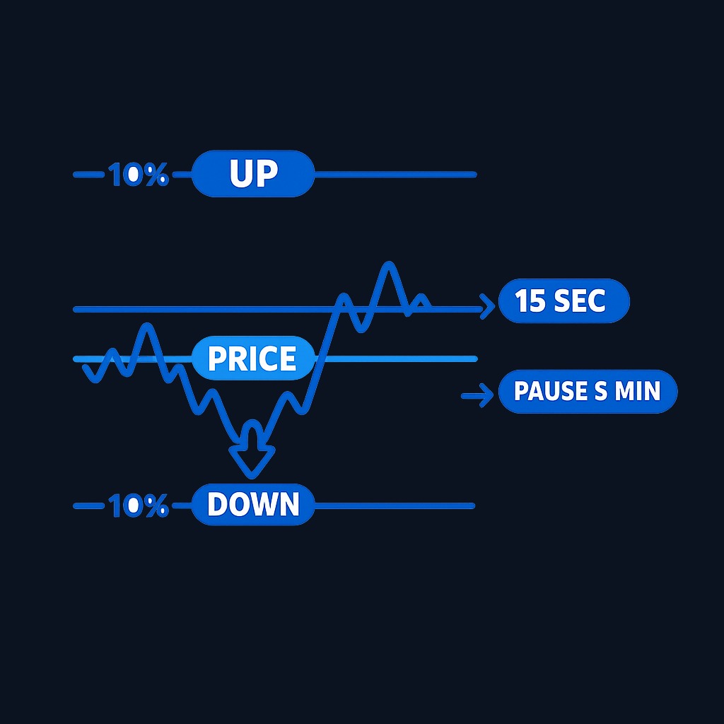 Limit Up-Limit Down (LULD) creates price bands for individual stocks, typically 5% for large caps and 10% for smaller stocks. If a stock breaches the band and cannot return within 15 seconds, it pauses for 5 minutes. This is separate from market-wide circuit breakers.