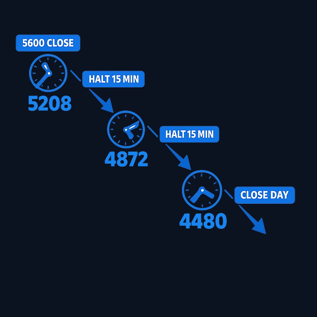 Example: S&P 500 closes at 5,600. Level 1 triggers at 5,208 (7% down) at 11:40am → 15-minute halt. Level 2 triggers at 4,872 (13% down) at 2:10pm → another 15-minute halt. Level 3 at 4,480 (20% down) would close the market immediately.