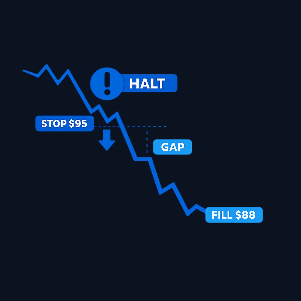 During a halt, orders queue but do not execute. At reopening, market orders and triggered stop-losses fill at the auction price, which can gap significantly from the last pre-halt trade. A stop-loss set at $95 might fill at $88 if the market reopens lower.