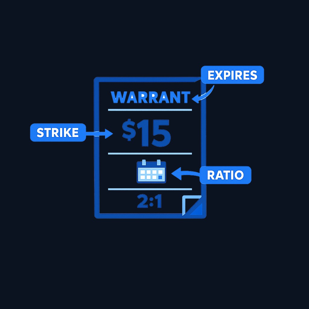 Every stock warrant contract specifies three critical terms: the <strong>exercise price</strong> (strike) you'll pay per share, the <strong>expiration date</strong> when the right expires, and the <strong>conversion ratio</strong> determining how many warrants equal one share.