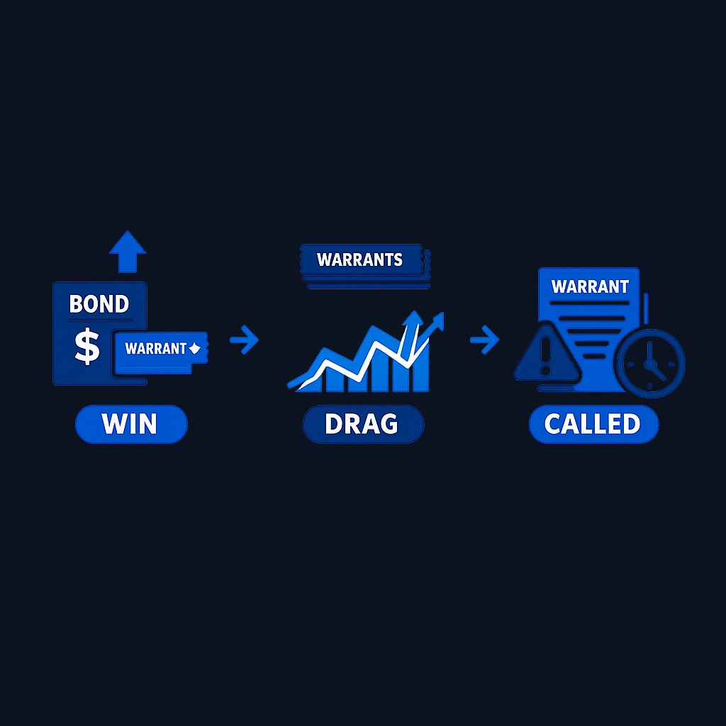 Three real-world scenarios show how warrant terms drive outcomes. The <strong>sweetener</strong> paired bond income with equity