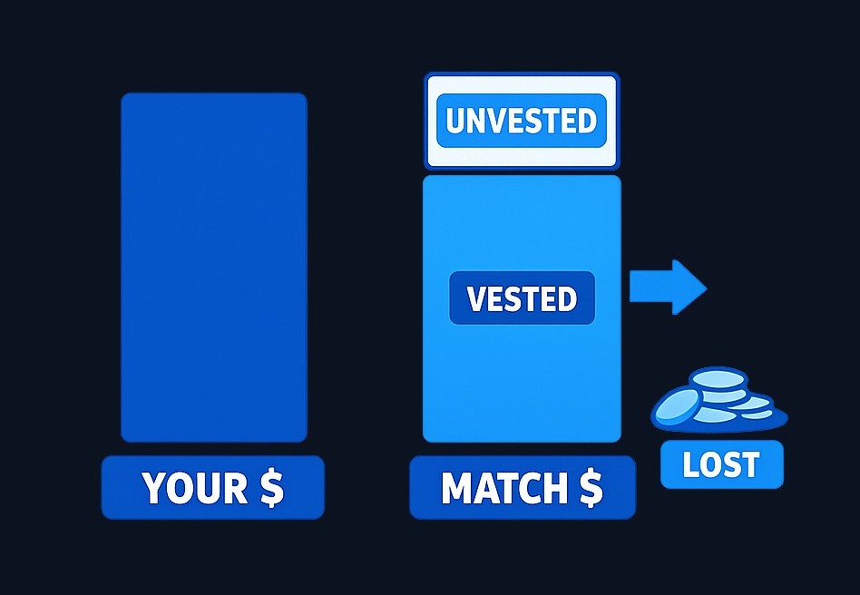 Vesting determines how much of your employer's contributions you actually own. Your own contributions are always 100% yours, but
