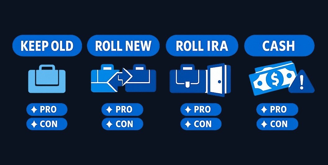 Each option has trade-offs. Leaving money in your old plan may work if fees are low and you stay organized. Rolling to a new employer