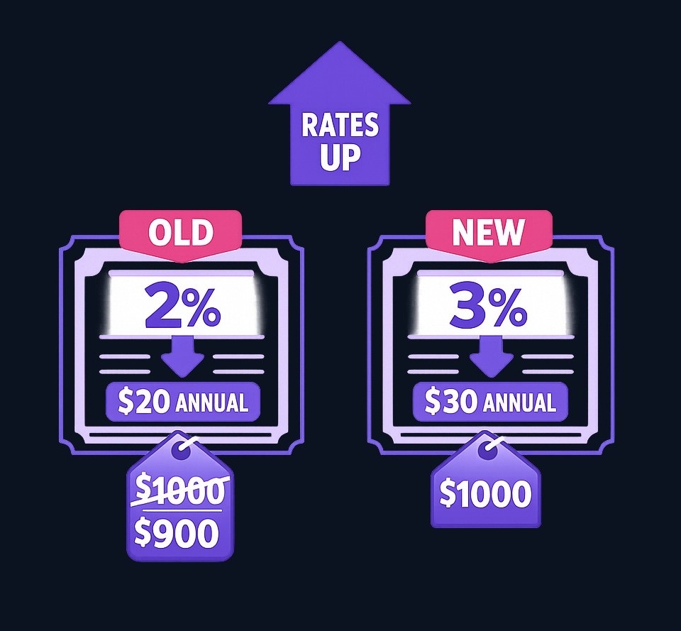 When rates rise from 2% to 3%, the older bond paying $20/year must drop in price so its total return matches the new bond paying $30/year. The diagram shows both bonds side-by-side with their cash flows and the resulting price adjustment.