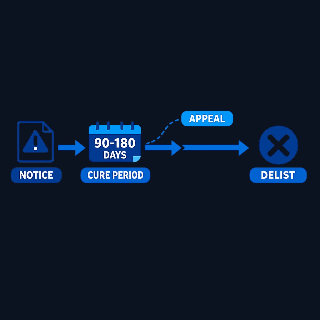 Involuntary delisting follows a structured timeline. Exchanges issue warnings and provide cure periods—often 90 to 180 days depending on the violation—giving shareholders time to make informed decisions while liquidity remains.