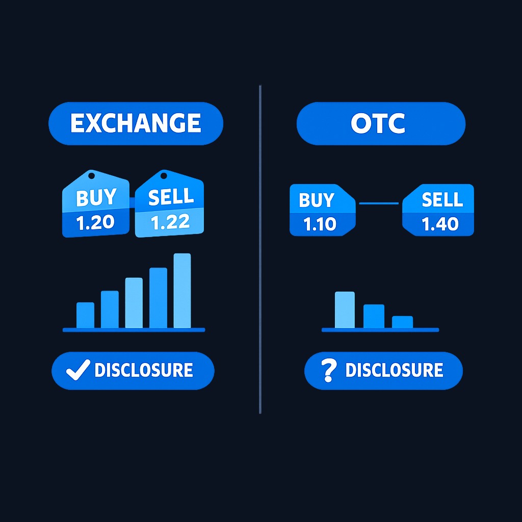 Over-the-counter markets operate differently from exchanges. Spreads widen, trading volume drops, and regulatory disclosure may decrease—especially if the company stops filing reports with the SEC.