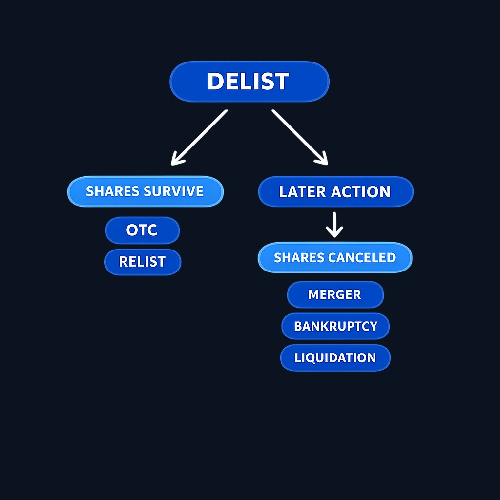 Delisting and share cancellation are separate events. The exchange removal itself does not cancel your ownership, but subsequent corporate actions—merger, bankruptcy, or liquidation—can convert or eliminate the shares entirely.