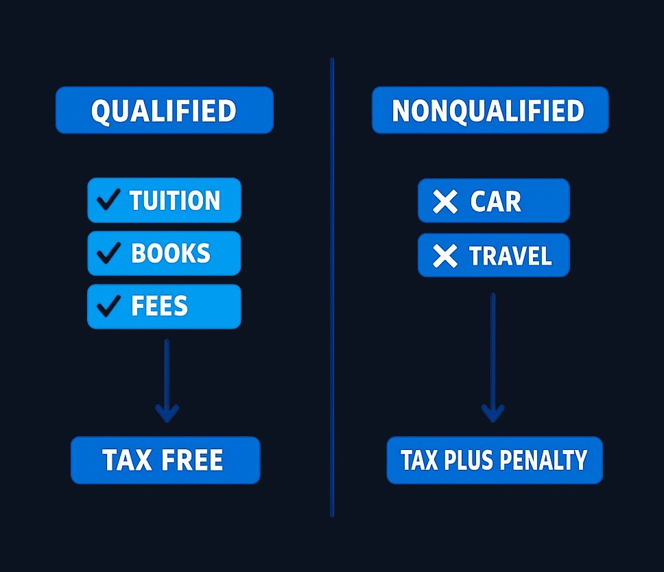 Qualified expenses receive tax-advantaged treatment and include tuition, fees, books, and certain room and board costs for eligible institutions. Non-qualified withdrawals may trigger income tax on earnings plus a 10% penalty. The boundary between qualified and non-